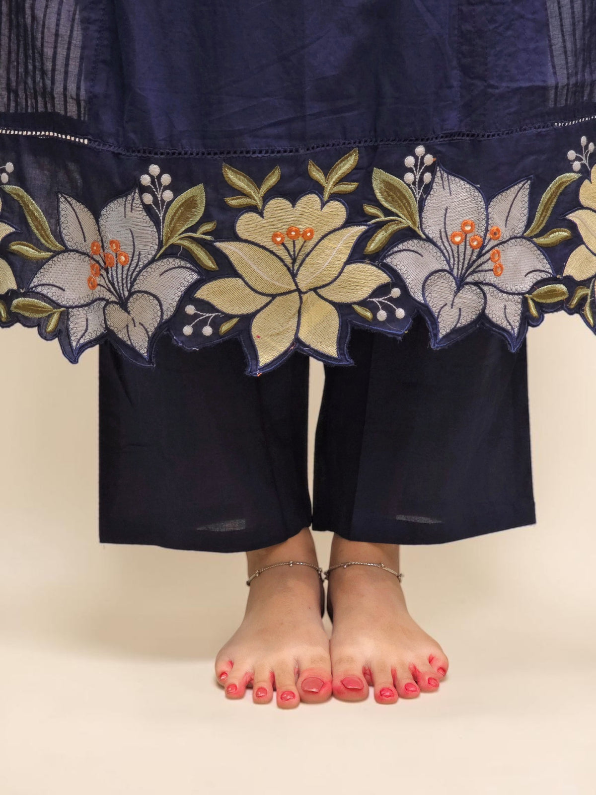 Designer Navy Blue Embroidered Cotton Kurta Set