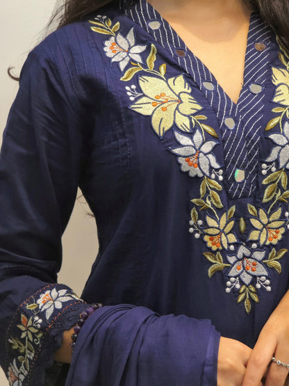 Designer Navy Blue Embroidered Cotton Kurta Set