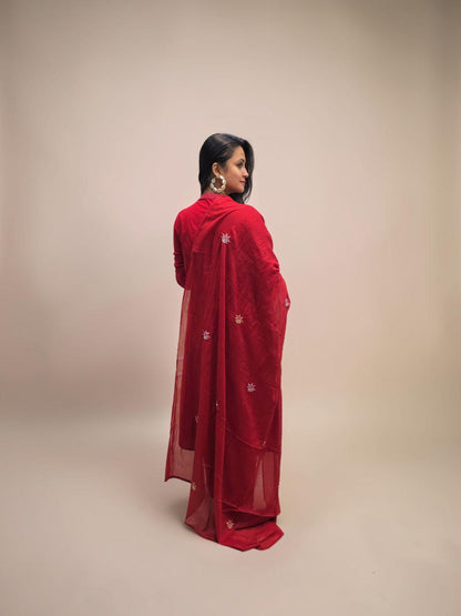 Designer Red Embroidered Cotton Kurta Set