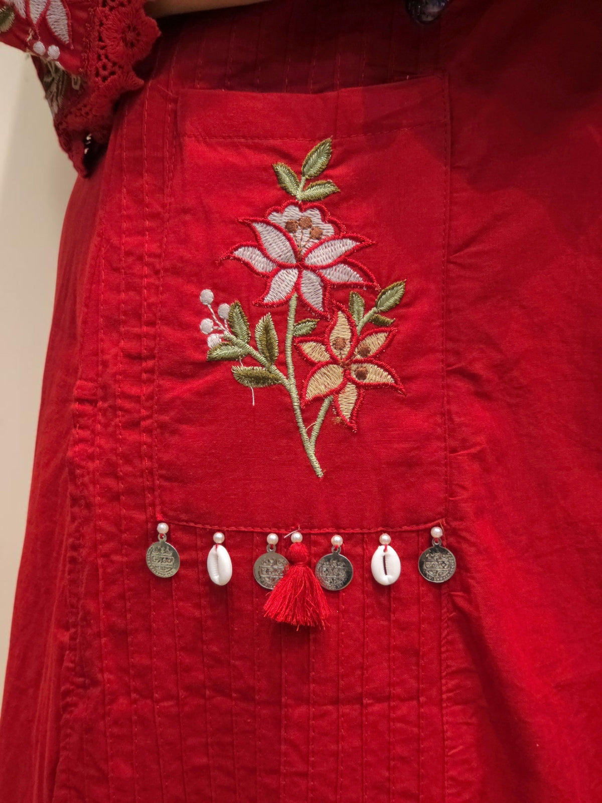 Designer Red Embroidered Cotton Kurta Set