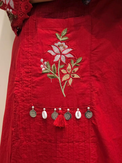 Designer Red Embroidered Cotton Kurta Set
