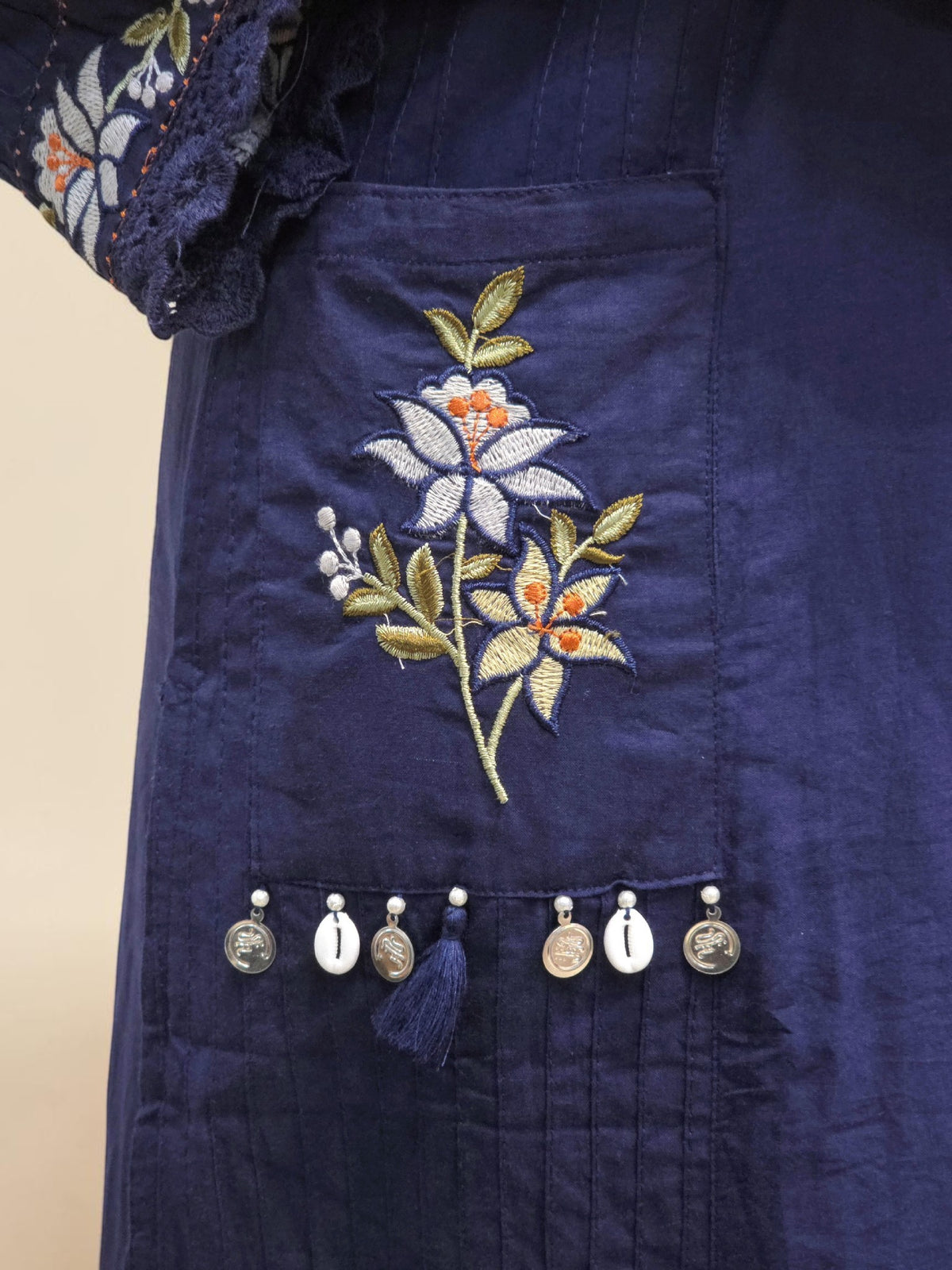 Designer Navy Blue Embroidered Cotton Kurta Set