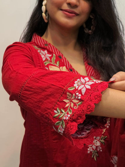 Designer Red Embroidered Cotton Kurta Set