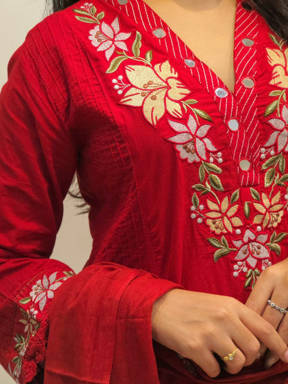 Designer Red Embroidered Cotton Kurta Set