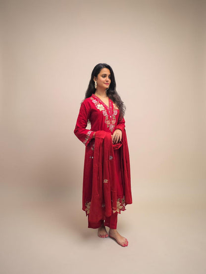 Designer Red Embroidered Cotton Kurta Set