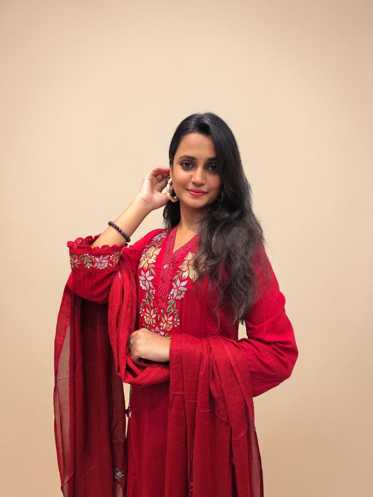 Designer Red Embroidered Cotton Kurta Set