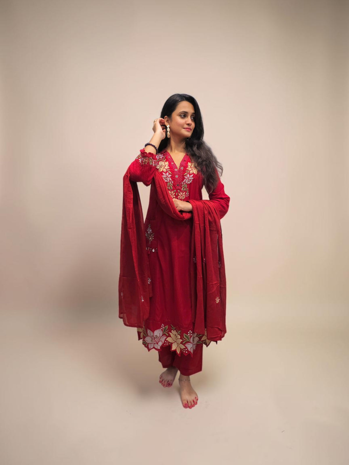 Designer Red Embroidered Cotton Kurta Set