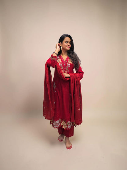 Designer Red Embroidered Cotton Kurta Set