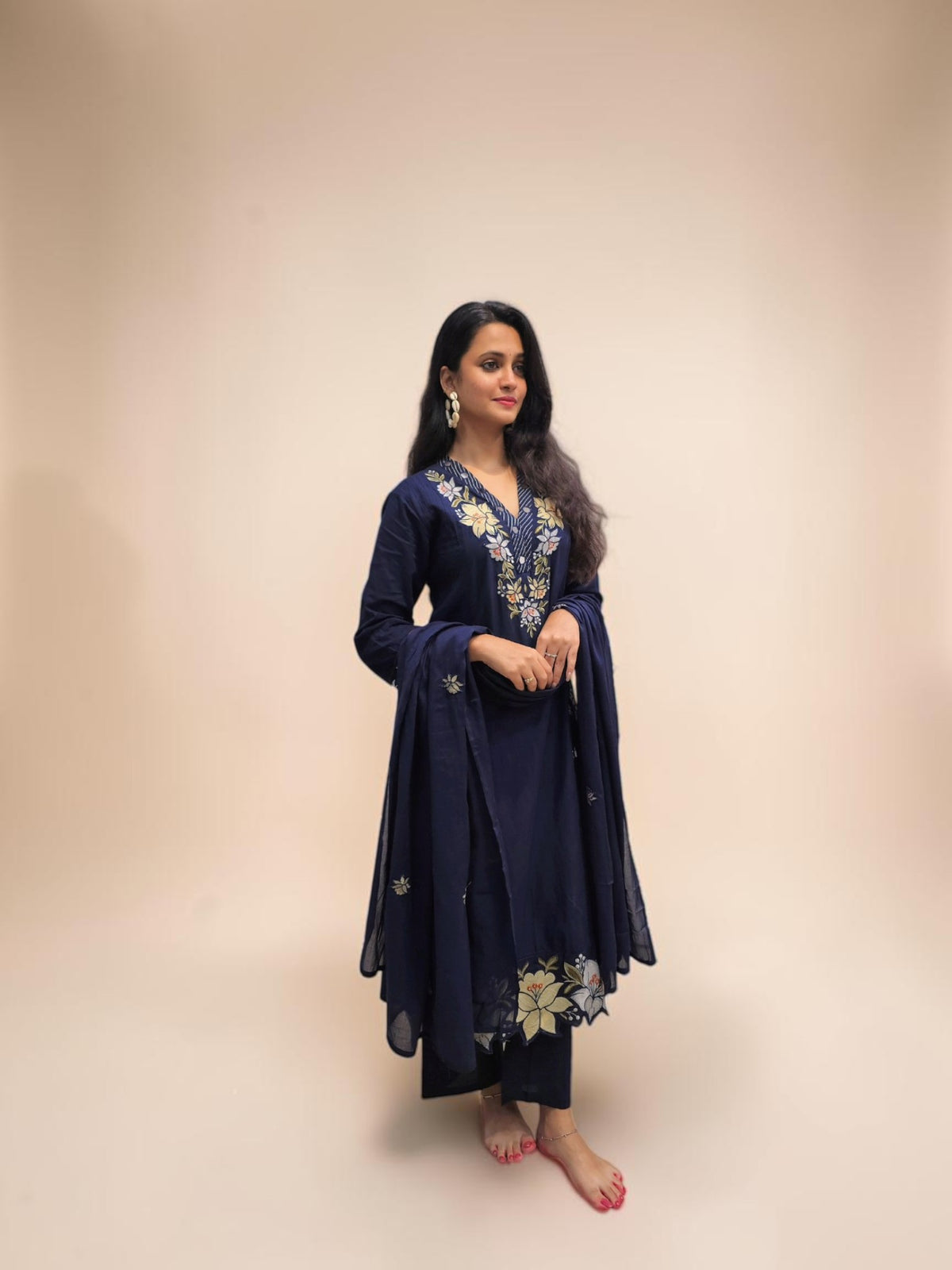 Designer Navy Blue Embroidered Cotton Kurta Set