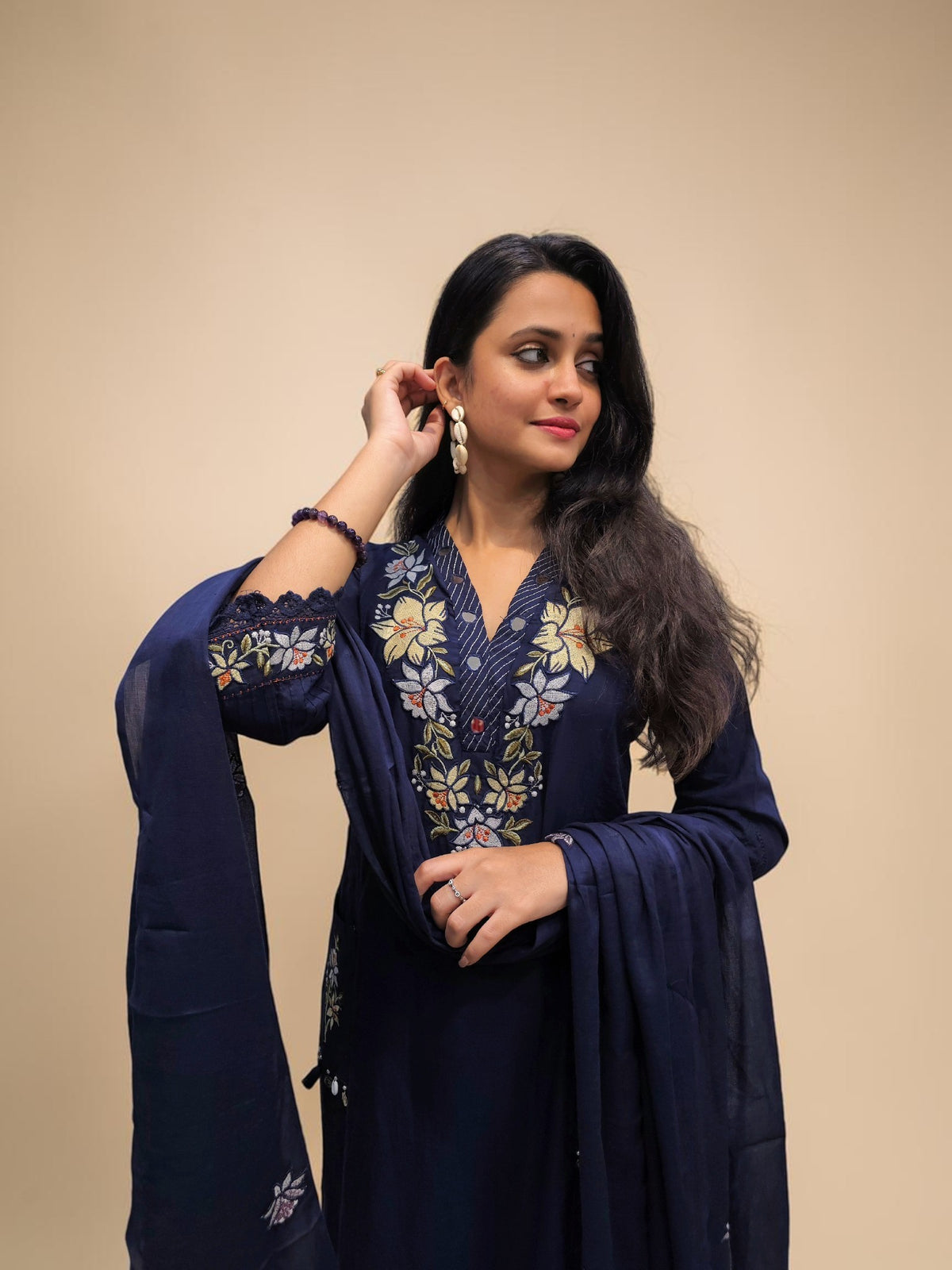 Designer Navy Blue Embroidered Cotton Kurta Set
