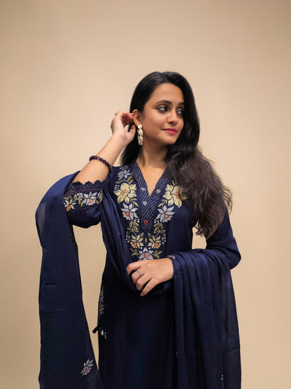 Designer Navy Blue Embroidered Cotton Kurta Set