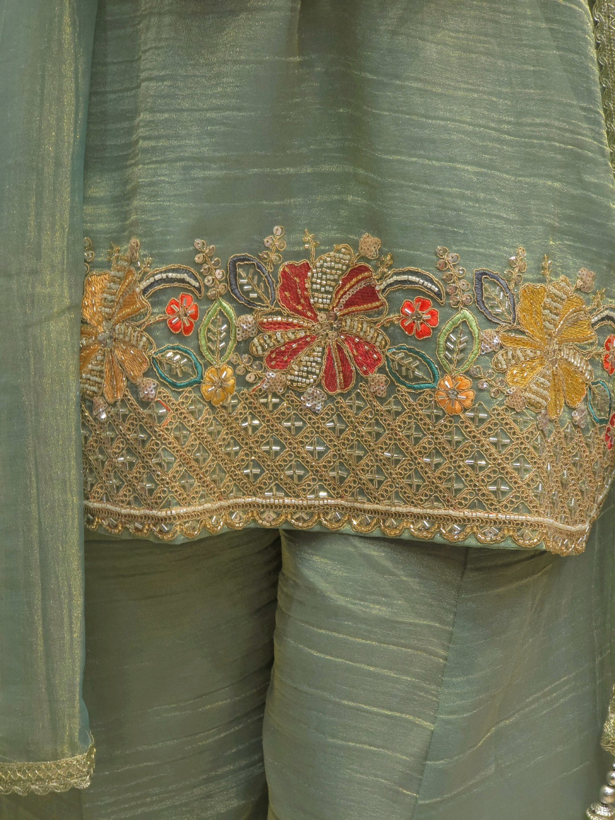 Designer Sage Green Handwork Bustier Palazzo Set
