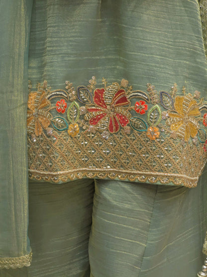 Designer Sage Green Handwork Bustier Palazzo Set