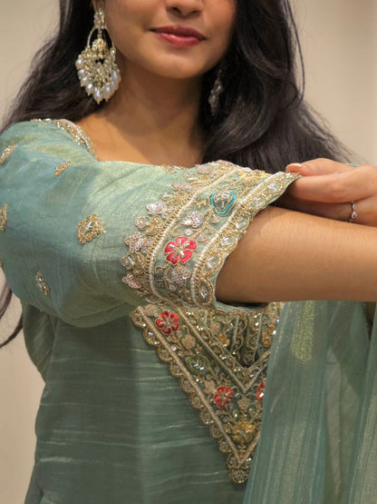 Designer Sage Green Handwork Bustier Palazzo Set