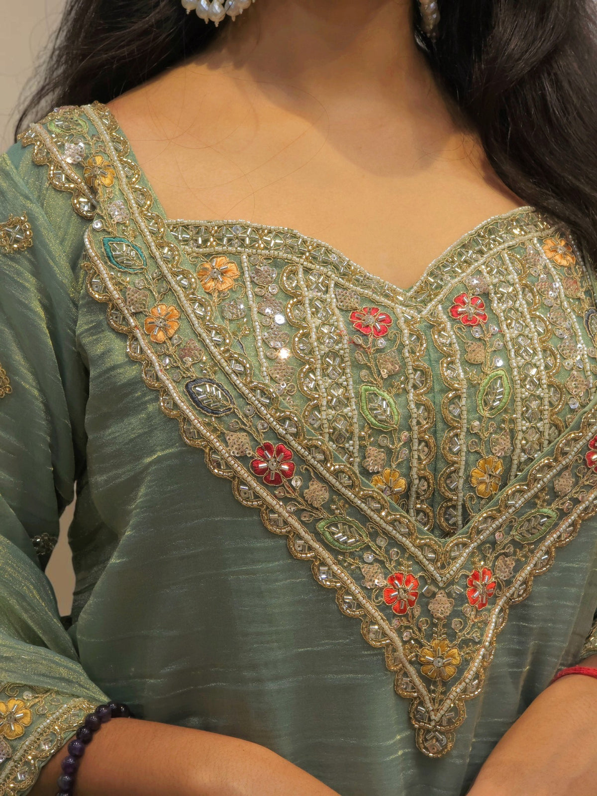 Designer Sage Green Handwork Bustier Palazzo Set