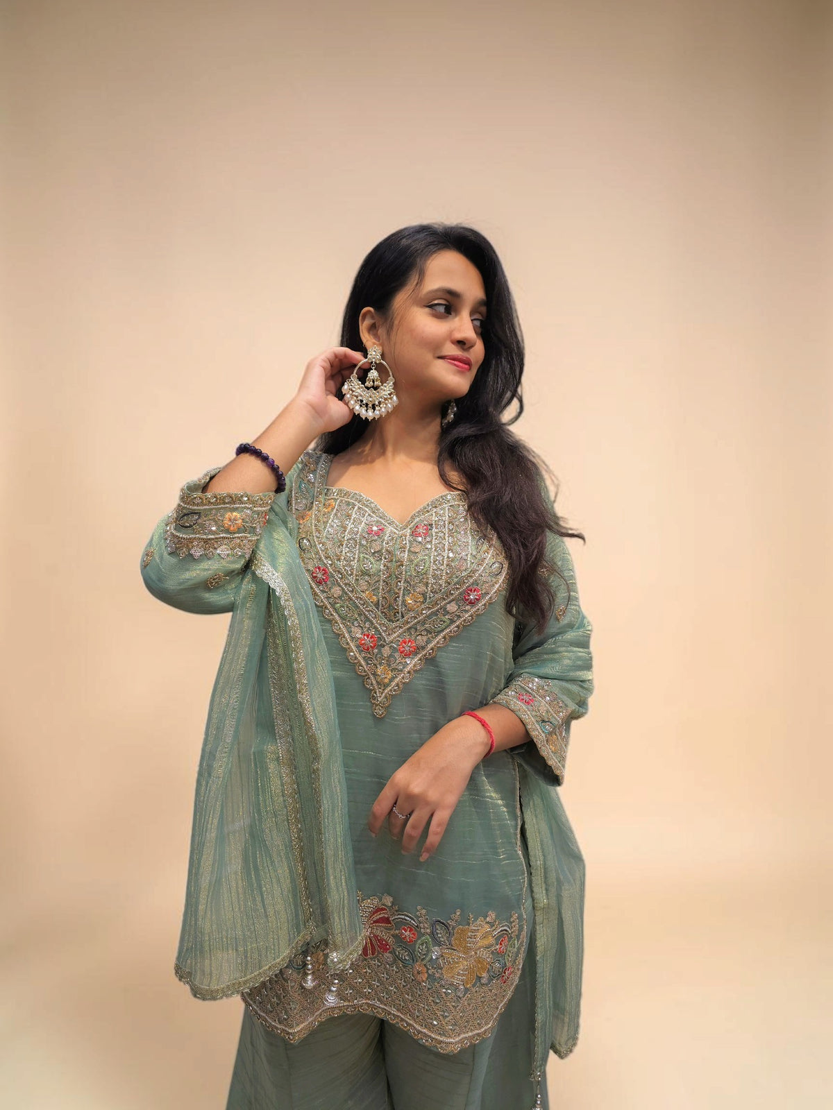 Designer Sage Green Handwork Bustier Palazzo Set