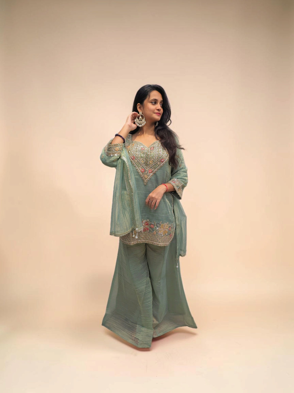 Designer Sage Green Handwork Bustier Palazzo Set