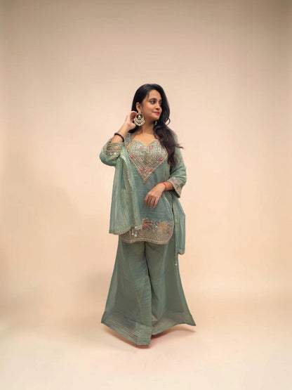 Designer Sage Green Handwork Bustier Palazzo Set