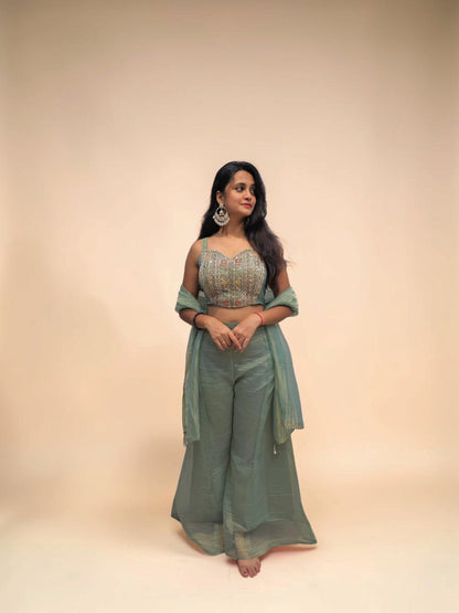 Designer Sage Green Handwork Bustier Palazzo Set