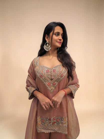 Designer Peach Handwork Bustier Palazzo Set