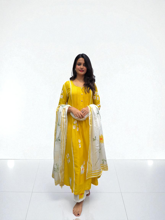 Embroidered yellow mul-mul cotton kurta set with printed white dupatta – lightweight ethnic wear for women