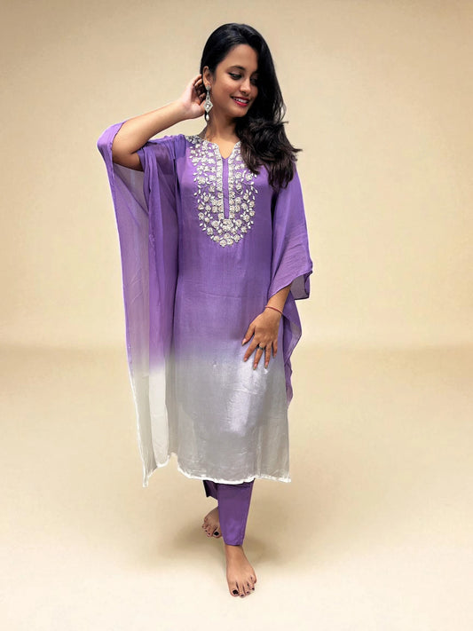 Purple and white ombre kaftan set with embroidery from Ambika Boutique