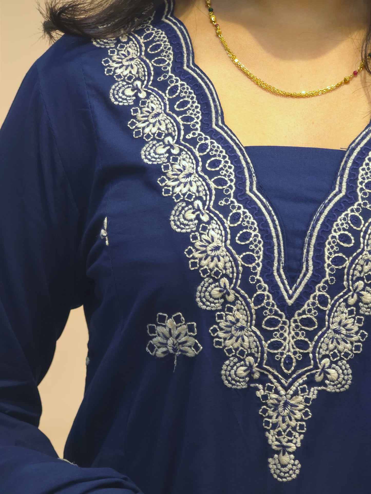 Embroidered A Line Cotton Kurta Set with Dupatta - Blue